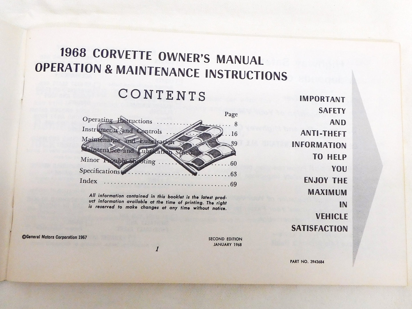 STK 10444 1968 Corvette Owner's Manual