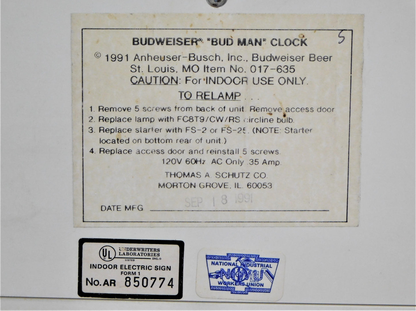 1991 Bud Man Budweiser Clock