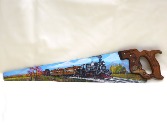 STK 10405 Vintage Hand-Painted Train Scene on Hand Saw