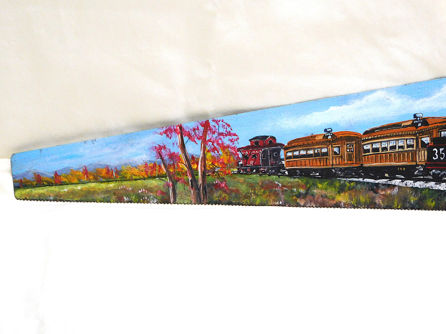 STK 10405 Vintage Hand-Painted Train Scene on Hand Saw