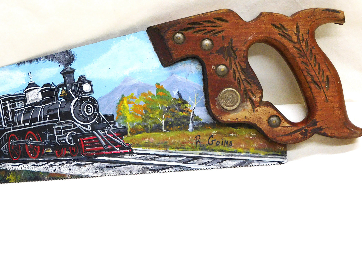 STK 10405 Vintage Hand-Painted Train Scene on Hand Saw