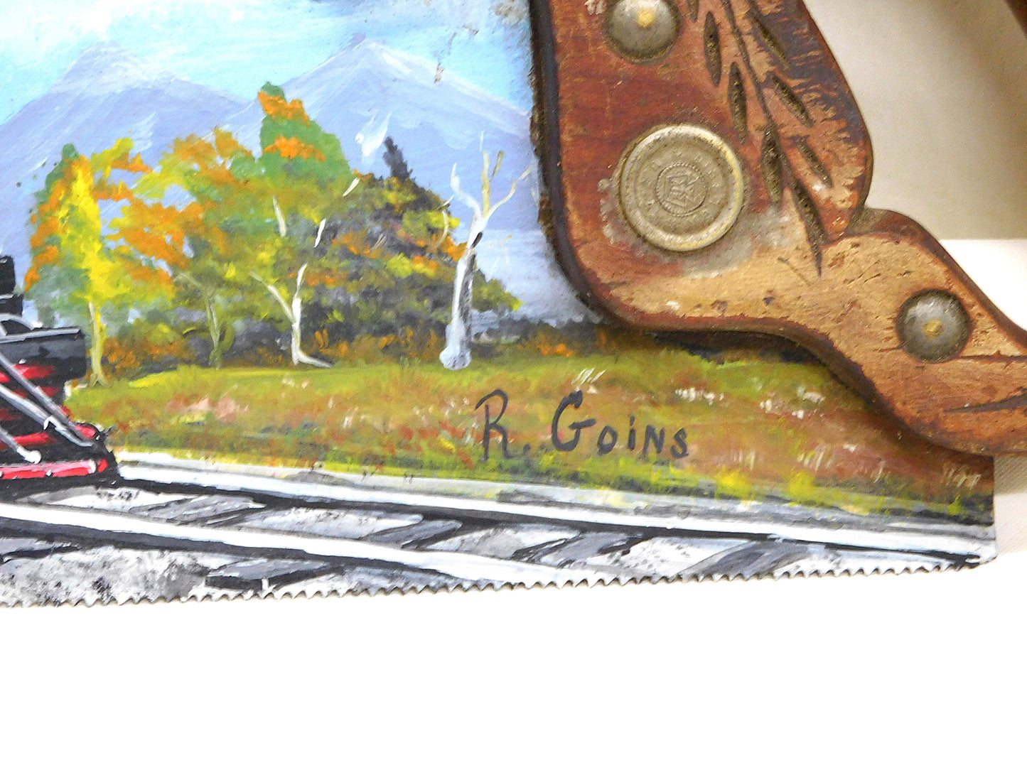 STK 10405 Vintage Hand-Painted Train Scene on Hand Saw